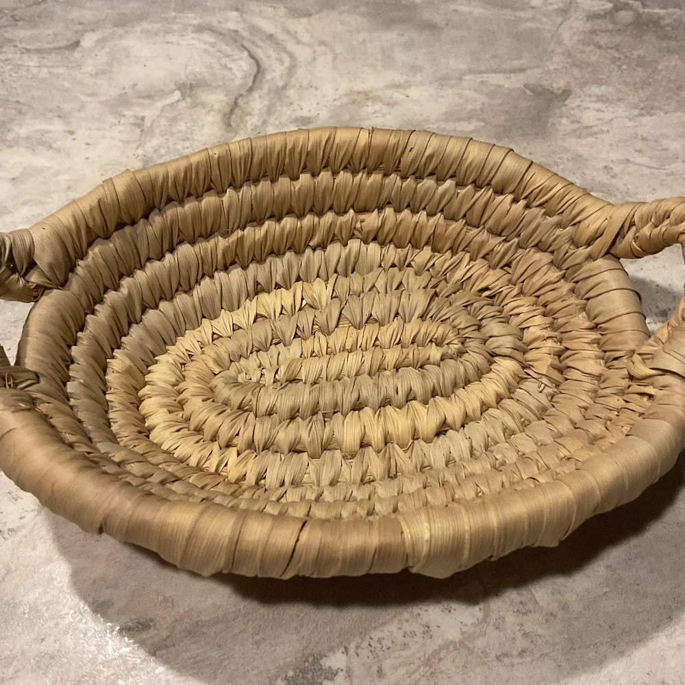 Palm Leaf Woven Basket Vintage Handles 9”x7”x3”